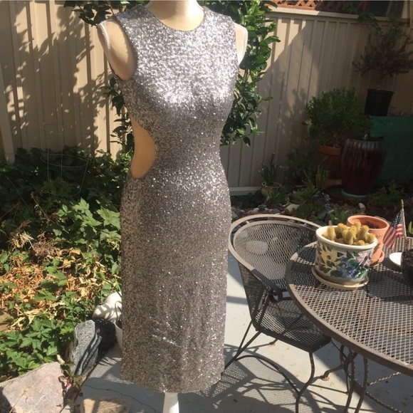 Sequined ‘Ryan’ Cutout Tea-Length Dress in Silver - Picture 4 of 14